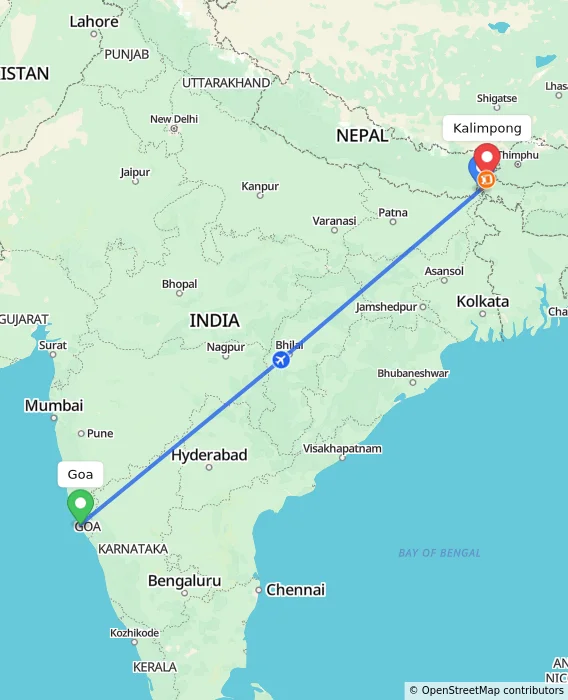 Route map showing distance and travel time from Goa, India to Kalimpong, India
