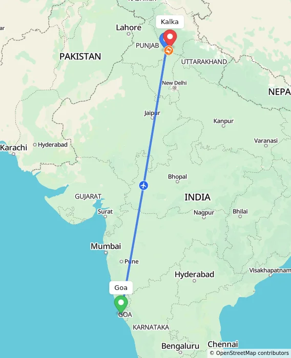Route map showing distance and travel time from Goa, India to Kalka, India