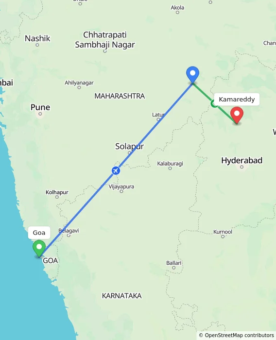 Route map showing distance and travel time from Goa, India to Kamareddy, India