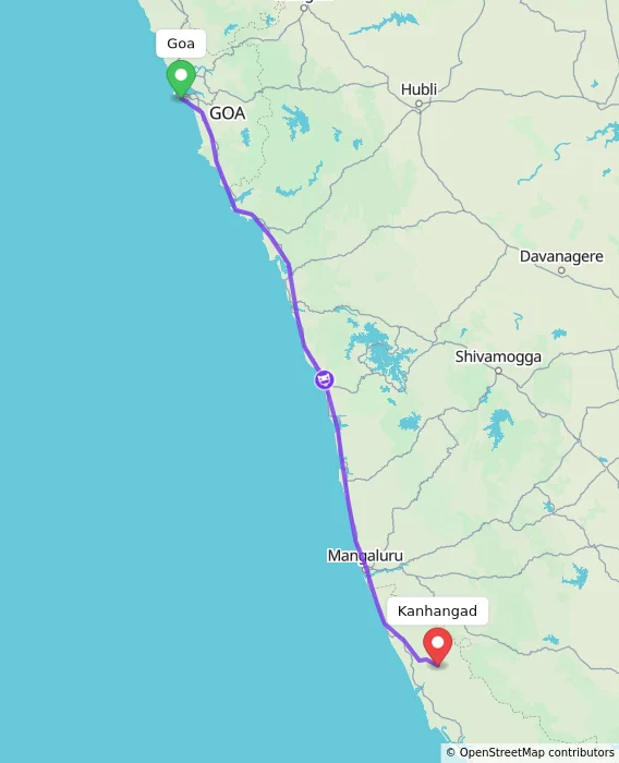 Route map showing distance and travel time from Goa, India to Kanhangad, India