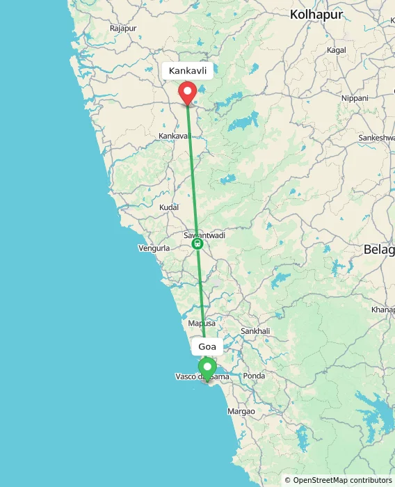 Route map showing distance and travel time from Goa, India to Kankavli, India