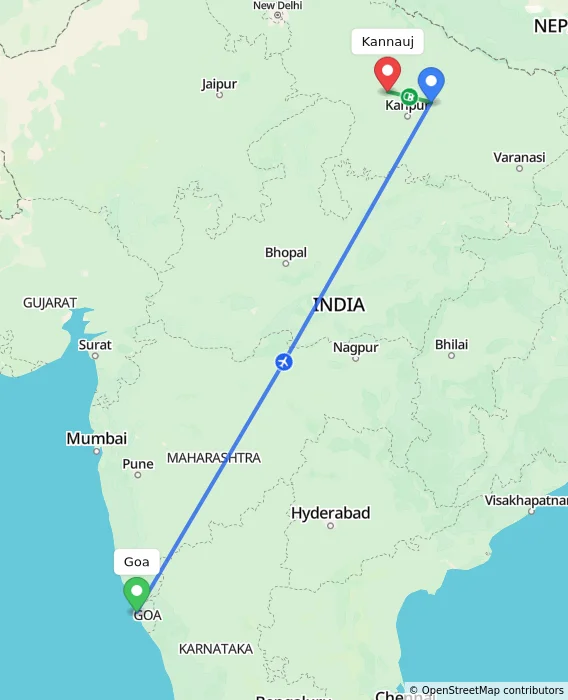 Route map showing distance and travel time from Goa, India to Kannauj, India