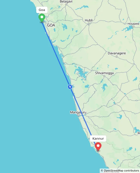 Route map showing distance and travel time from Goa, India to Kannur, India