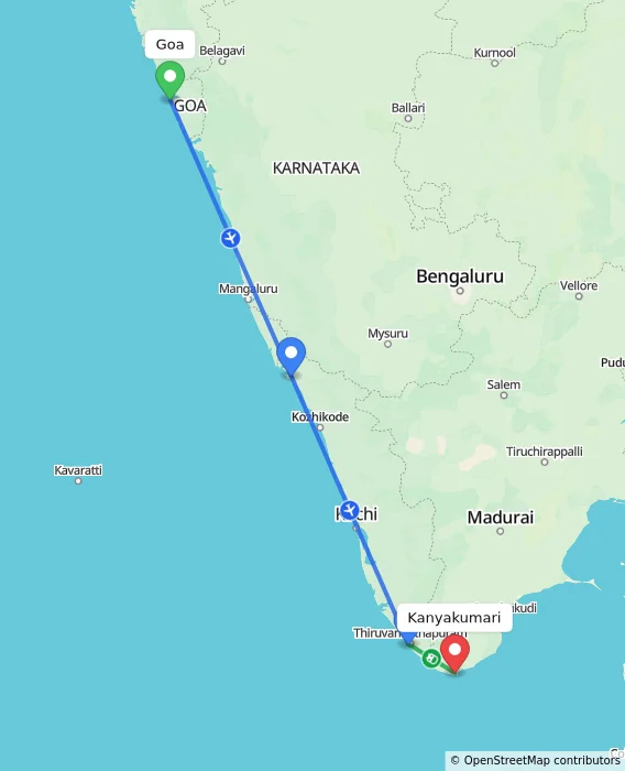 Route map showing distance and travel time from Goa, India to Kanyakumari, India