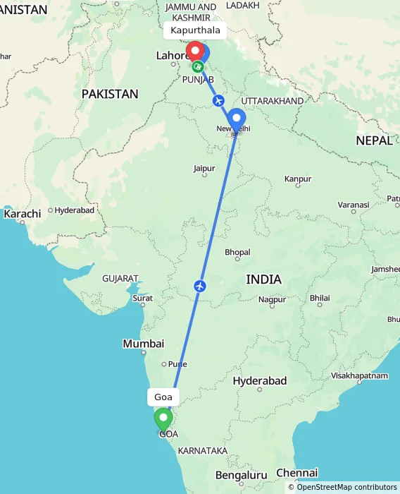 Route map showing distance and travel time from Goa, India to Kapurthala, India