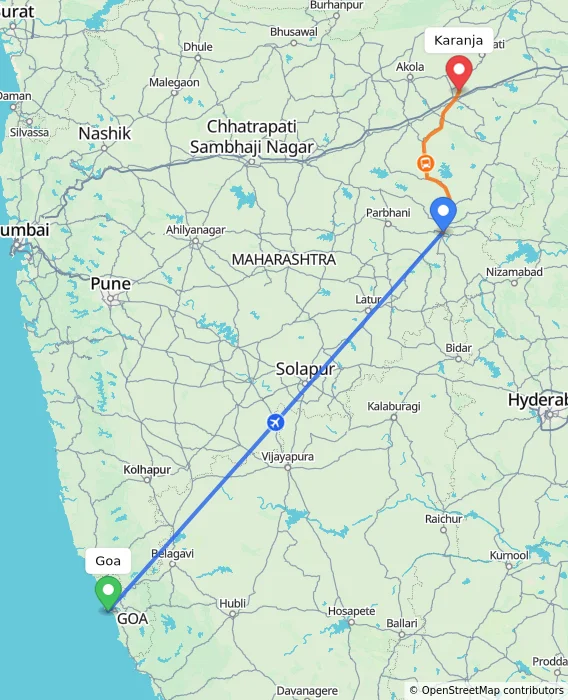 Route map showing distance and travel time from Goa, India to Karanja, India