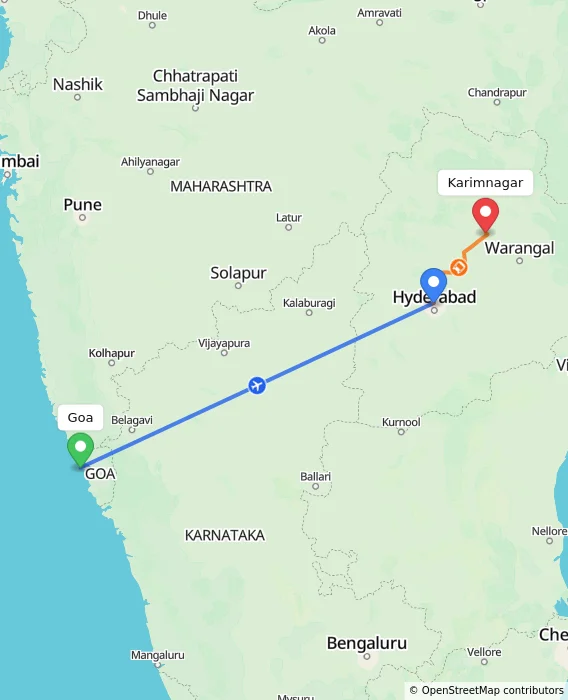 Route map showing distance and travel time from Goa, India to Karimnagar, India