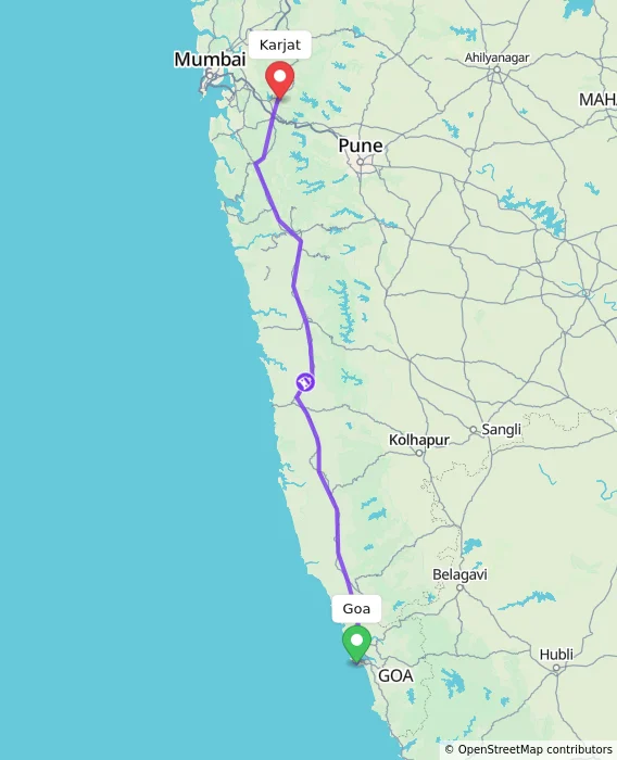 Route map showing distance and travel time from Goa, India to Karjat, India