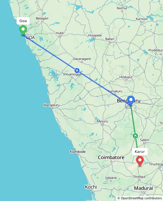 Route map showing distance and travel time from Goa, India to Karur, India