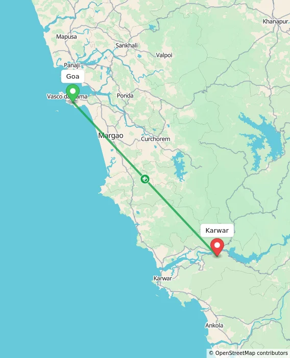 Route map showing distance and travel time from Goa, India to Karwar, India