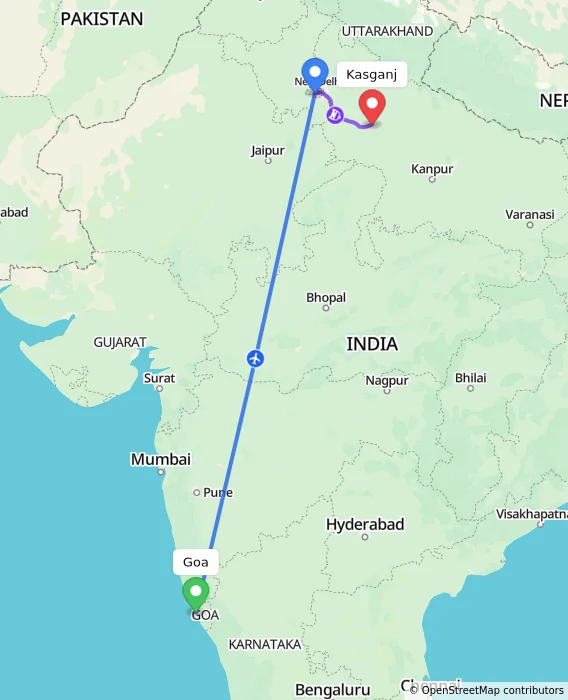 Route map showing distance and travel time from Goa, India to Kasganj, India