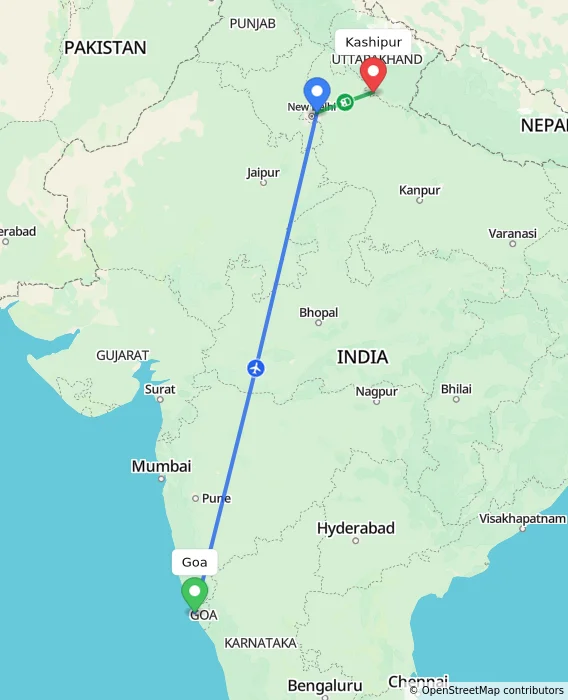 Route map showing distance and travel time from Goa, India to Kashipur, India
