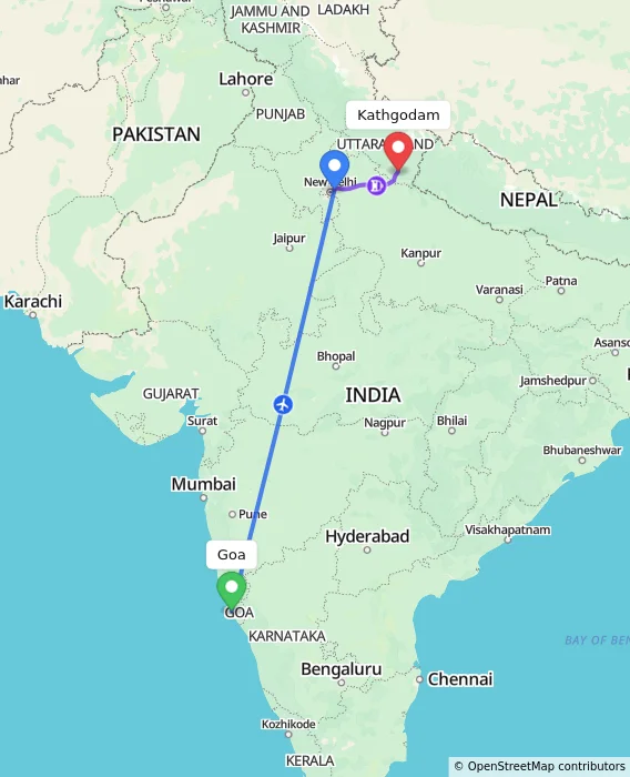 Route map showing distance and travel time from Goa, India to Kathgodam, India