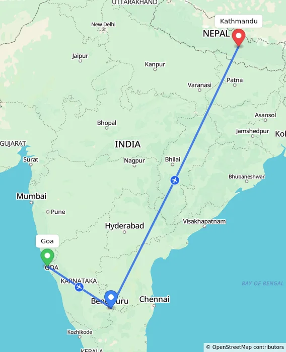 Route map showing distance and travel time from Goa, India to Kathmandu, Nepal