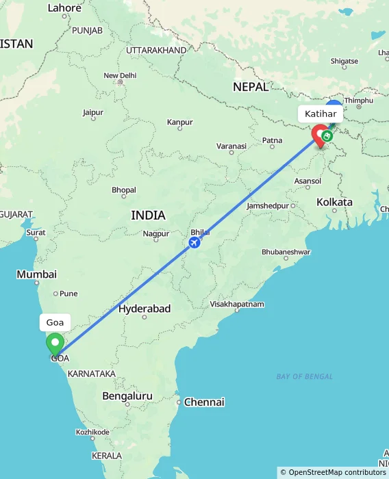 Route map showing distance and travel time from Goa, India to Katihar, India