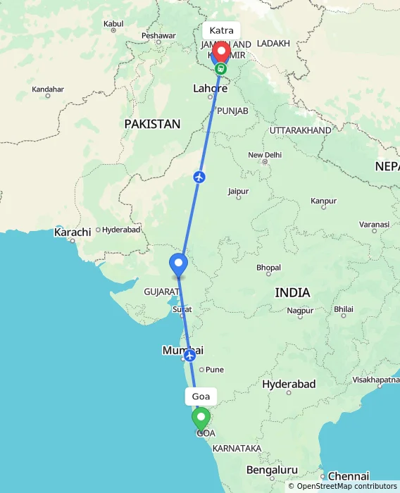 Route map showing distance and travel time from Goa, India to Katra, India