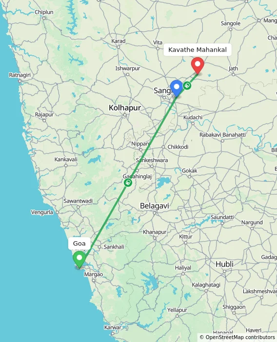 Route map showing distance and travel time from Goa, India to Kavathe Mahankal, India