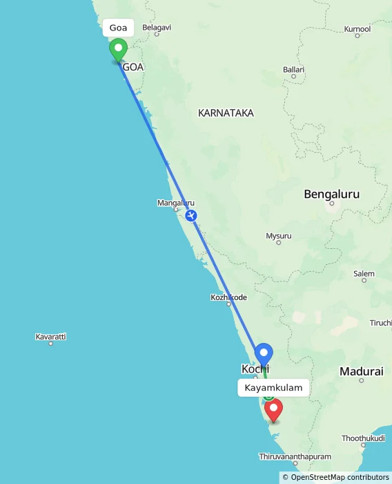 Route map showing distance and travel time from Goa, India to Kayamkulam, India