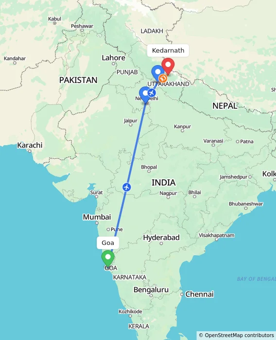 Route map showing distance and travel time from Goa, India to Kedarnath, India