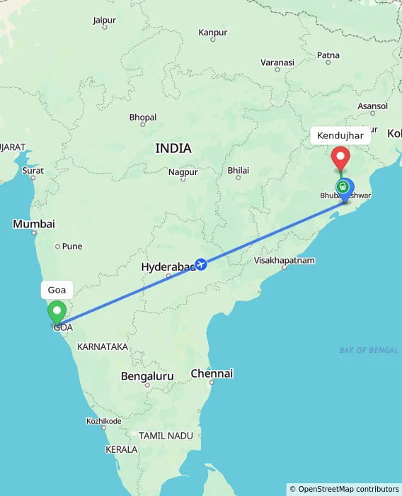 Route map showing distance and travel time from Goa, India to Kendujhar, India