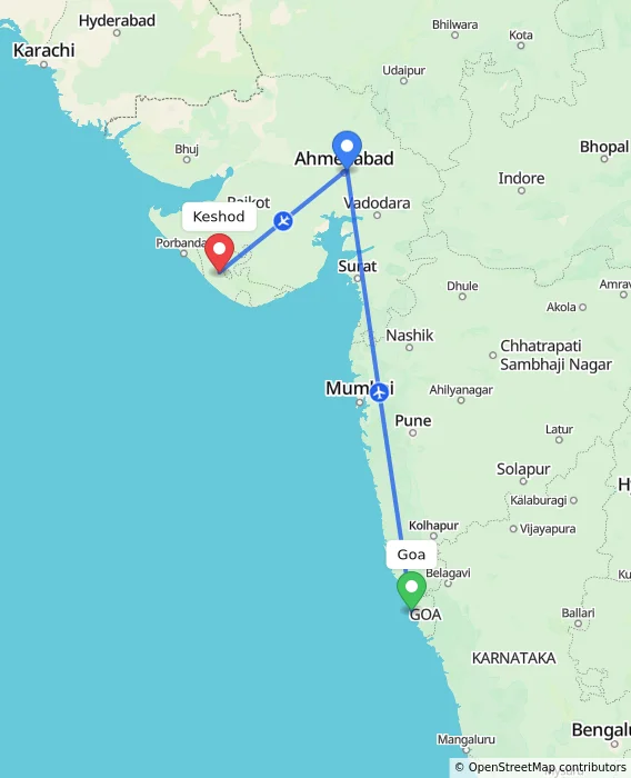 Route map showing distance and travel time from Goa, India to Keshod, India