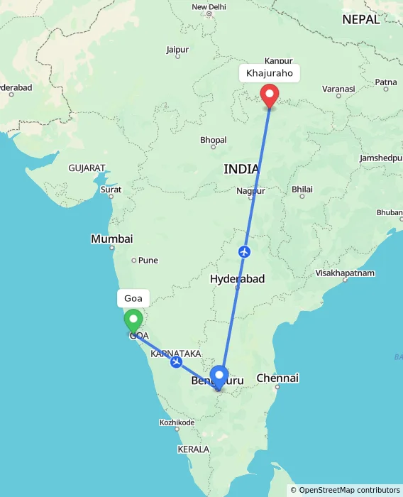 Route map showing distance and travel time from Goa, India to Khajuraho, India