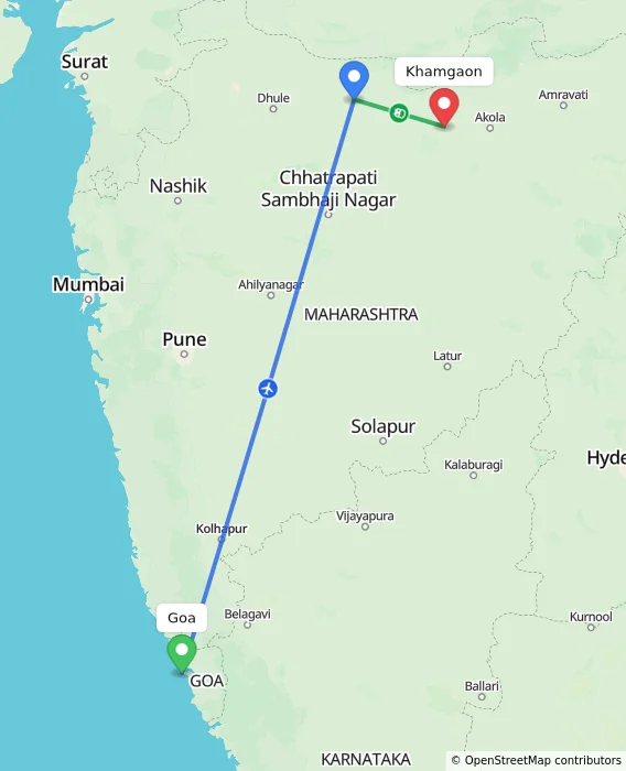 Route map showing distance and travel time from Goa, India to Khamgaon, India