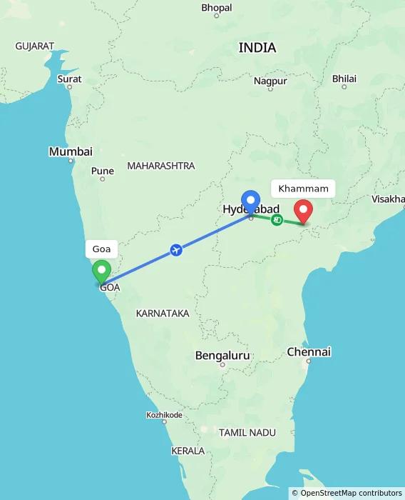 Route map showing distance and travel time from Goa, India to Khammam, India