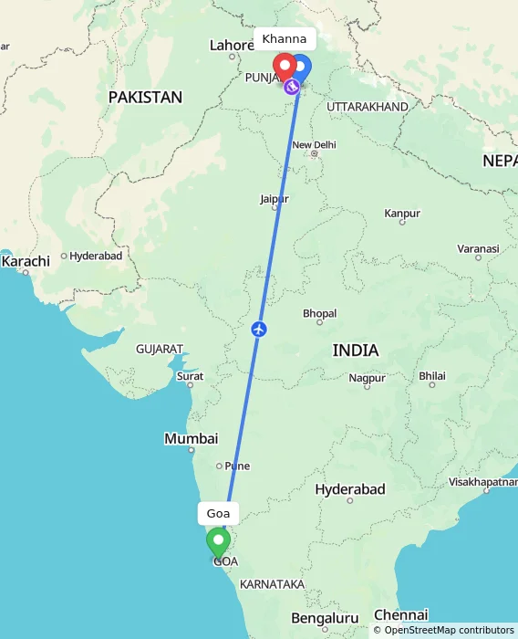 Route map showing distance and travel time from Goa, India to Khanna, India