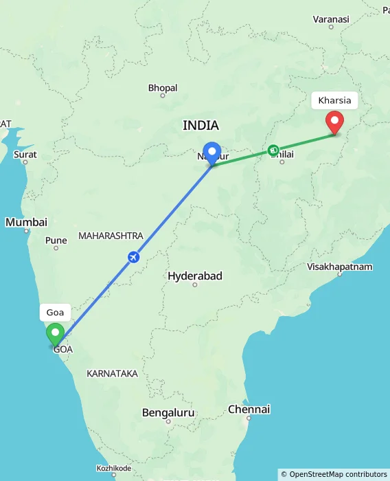Route map showing distance and travel time from Goa, India to Kharsia, India