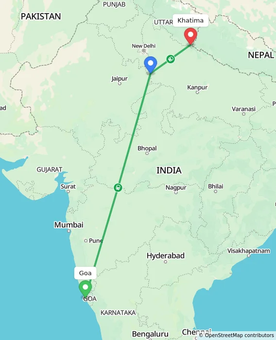 Route map showing distance and travel time from Goa, India to Khatima, India