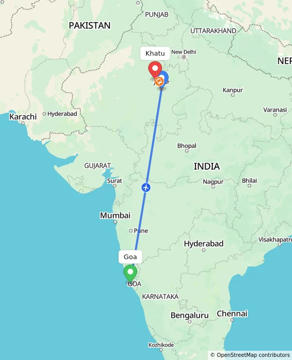 Route map showing distance and travel time from Goa, India to Khatu, India