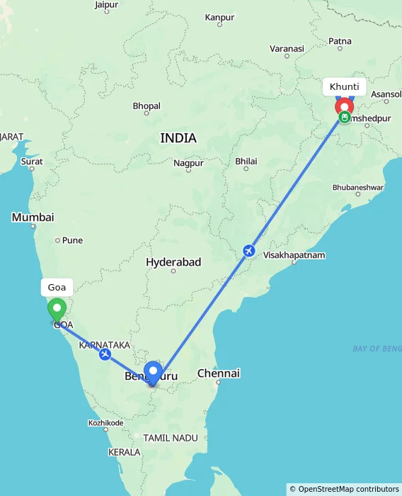 Route map showing distance and travel time from Goa, India to Khunti, India