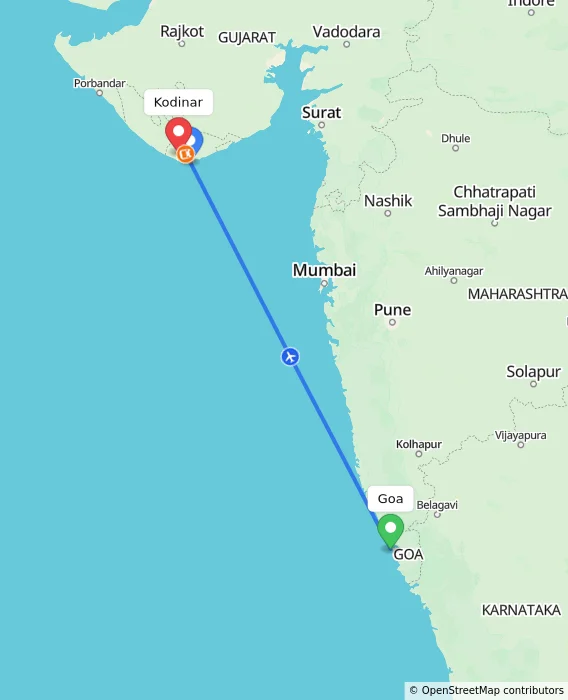 Route map showing distance and travel time from Goa, India to Kodinar, India