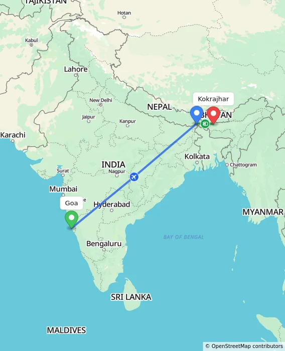Route map showing distance and travel time from Goa, India to Kokrajhar, India