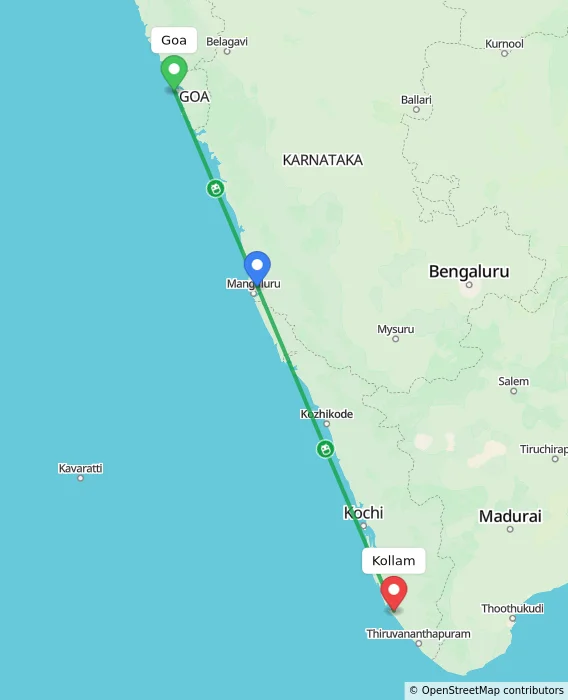 Route map showing distance and travel time from Goa, India to Kollam, India