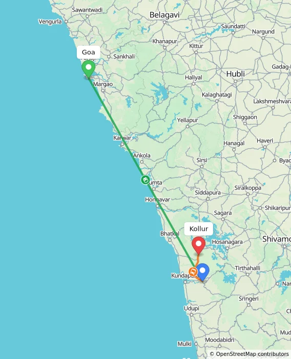 Route map showing distance and travel time from Goa, India to Kollur, India
