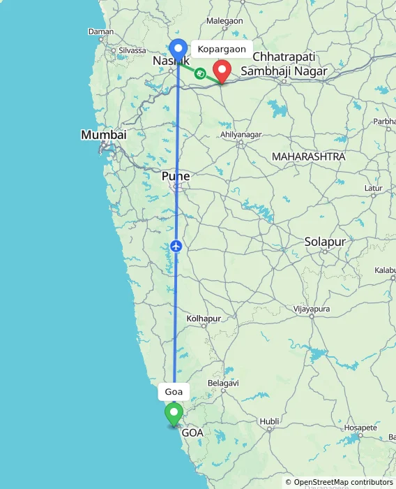 Route map showing distance and travel time from Goa, India to Kopargaon, India