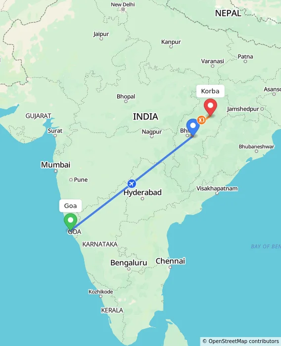 Route map showing distance and travel time from Goa, India to Korba, India