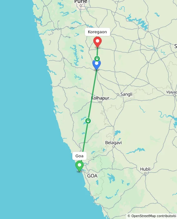 Route map showing distance and travel time from Goa, India to Koregaon, India