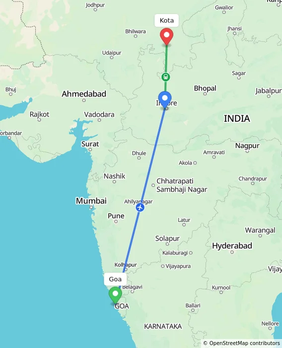 Route map showing distance and travel time from Goa, India to Kota, India