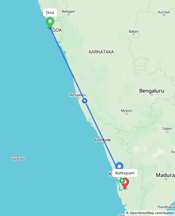 Route map showing distance and travel time from Goa, India to Kottayam, India