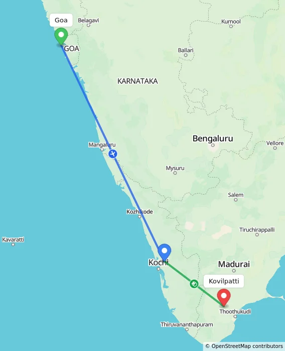 Route map showing distance and travel time from Goa, India to Kovilpatti, India