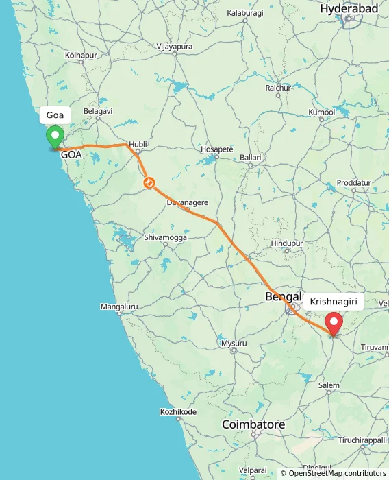 Route map showing distance and travel time from Goa, India to Krishnagiri, India