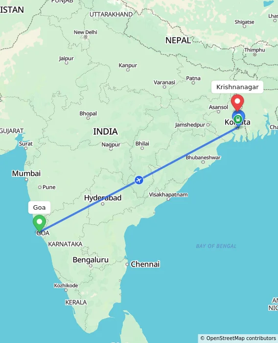 Route map showing distance and travel time from Goa, India to Krishnanagar, India