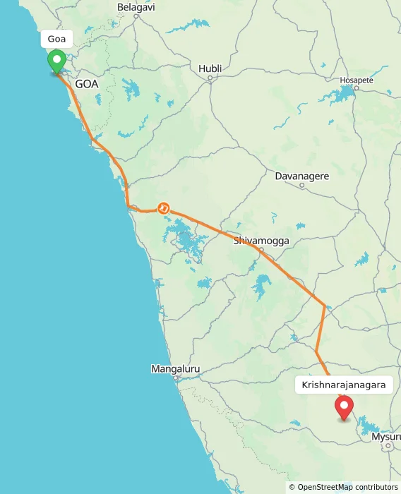 Route map showing distance and travel time from Goa, India to Krishnarajanagara, India