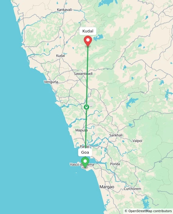 Route map showing distance and travel time from Goa, India to Kudal, India