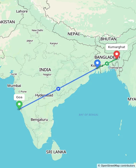 Route map showing distance and travel time from Goa, India to Kumarghat, India