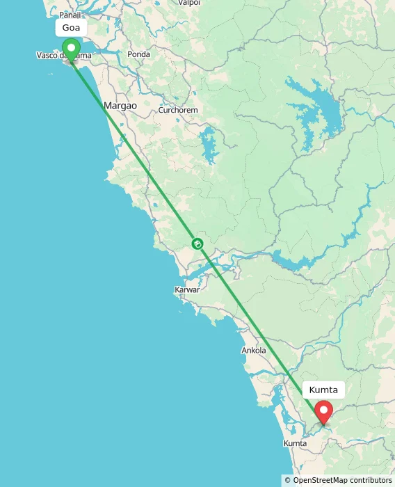 Route map showing distance and travel time from Goa, India to Kumta, India