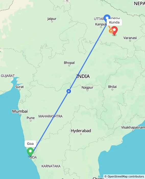 Route map showing distance and travel time from Goa, India to Kunda, India